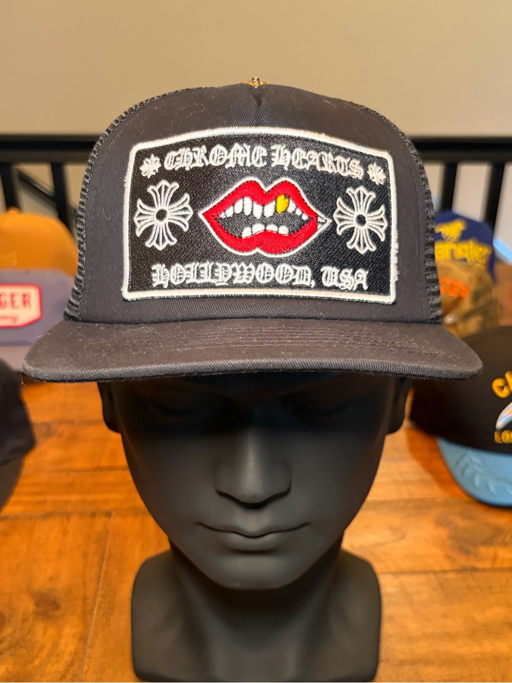 Chrome Hearts Hollywood USA Black Patch Trucker Hat with Red Lip Embroidery